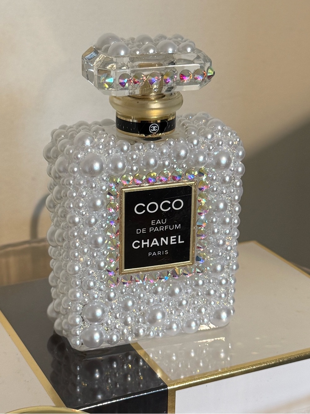 Coco Chanel Pearl and rhinestone embellished decorative piece. Empty